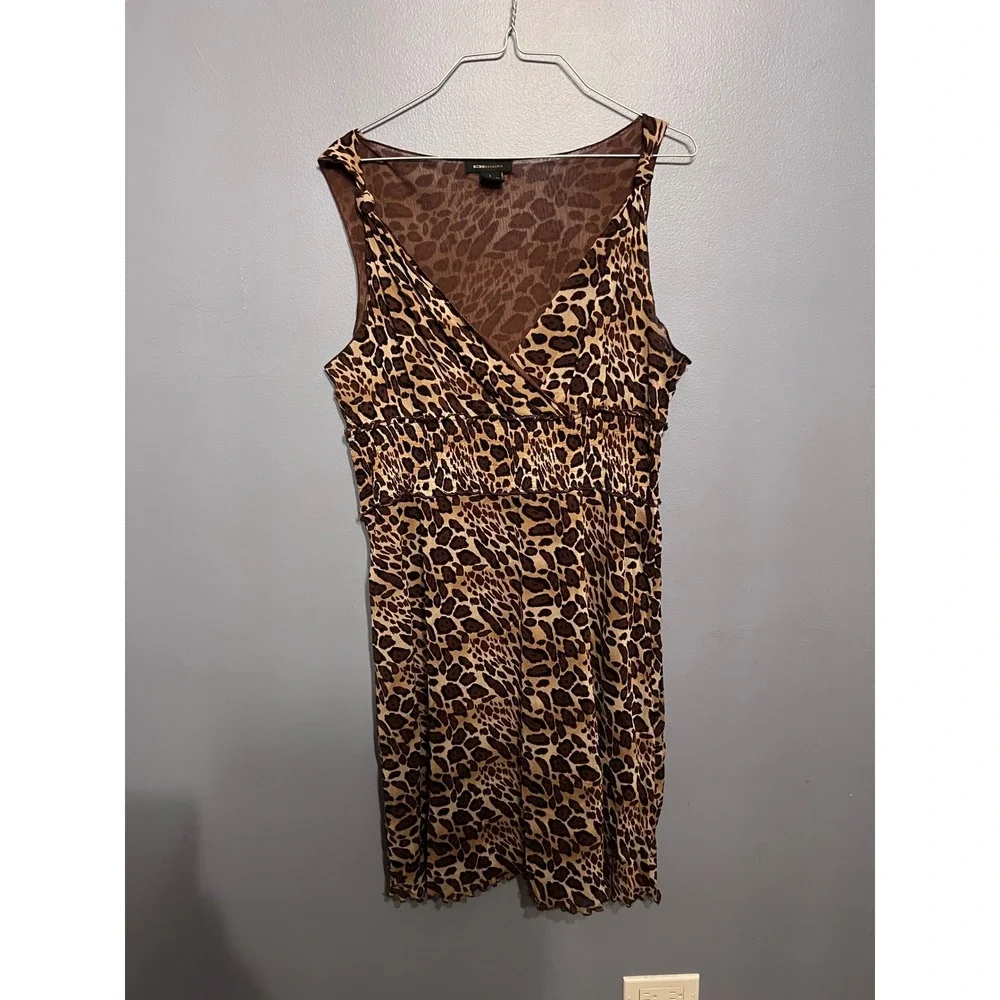 BCBG MaxAzria Y2K Brown Animal Print MIDI Baby Doll Dress Mesh Lined Sz LG Party